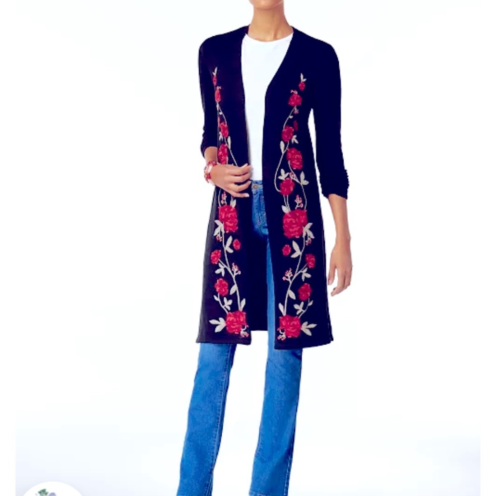 Duster Cardigan features a Beautifully embroidered roses design down the front